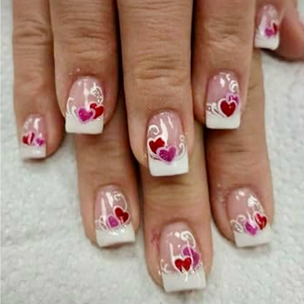 Short Square White French Acrylic Set with Pink & Red Hearts Glitter